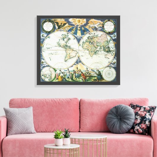 Antiek Oude Wereldkaart door Pieter Goos, 1666 Canvas Afdruk (Insitu (Woonkamer))