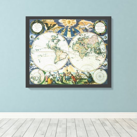 Antiek Oude Wereldkaart door Pieter Goos, 1666 Canvas Afdruk (Insitu (Houten vloer))
