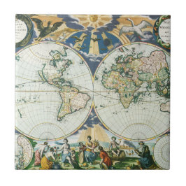Antiek Oude Wereldkaart door Pieter Goos, 1666 Tegeltje