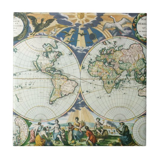  Antiek Oude Wereldkaart door Pieter Goos, 1666 Tegeltje (Voorkant)