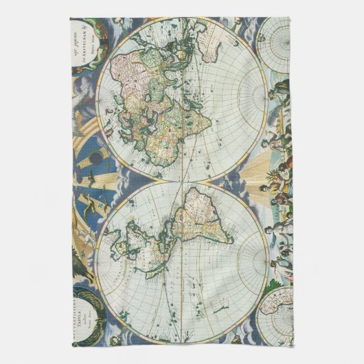  Antiek Oude Wereldkaart door Pieter Goos, 1666 Theedoek (Verticaal)