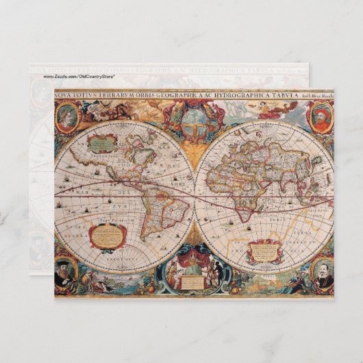 Antiek, oude Wereldkaart, ontwerp met flauwte afd Briefkaart (Voorkant / Achterkant)