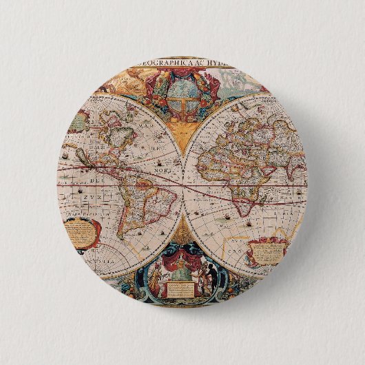 Antiek, oude Wereldkaart, ontwerp met flauwte afd Ronde Button 5,7 Cm (Voorkant)
