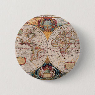 Antiek, oude Wereldkaart, ontwerp met flauwte afd Ronde Button 5,7 Cm