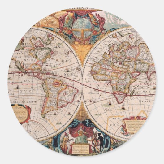  Antiek, oude Wereldkaart, ontwerp met flauwte afd Ronde Sticker (Voorkant)