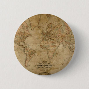 Antiek Oude Wereldkaart op een Pin Ronde Button 5,7 Cm