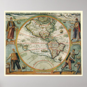 Antiek Oude Wereldkaart van Amerika, 1597 Poster