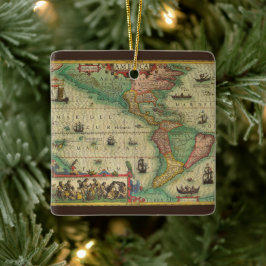 Antiek Oude Wereldkaart van Amerika, 1606 Keramisch Ornament