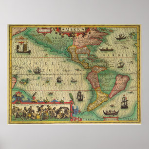 Antiek Oude Wereldkaart van Amerika, 1606 Poster