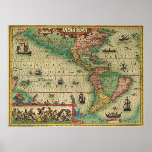 Antiek Oude Wereldkaart van Amerika, 1606 Poster (Voorkant)