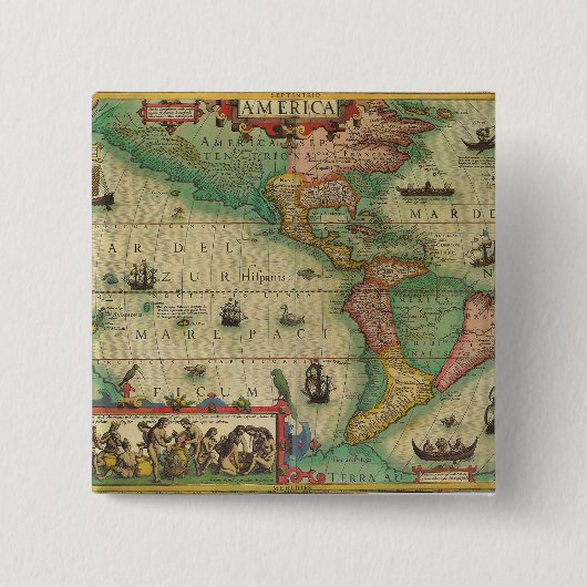 Antiek Oude Wereldkaart van Amerika, 1606 Vierkante Button 5,1 Cm (Voorkant)