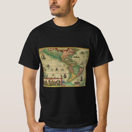 Antiek Oude Wereldkaart van Amerika door Hondius T-shirt (Voorkant)