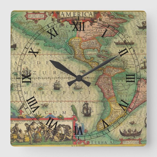 Antiek Oude Wereldkaart van Amerika door Hondius Vierkante Klok (Voorkant)