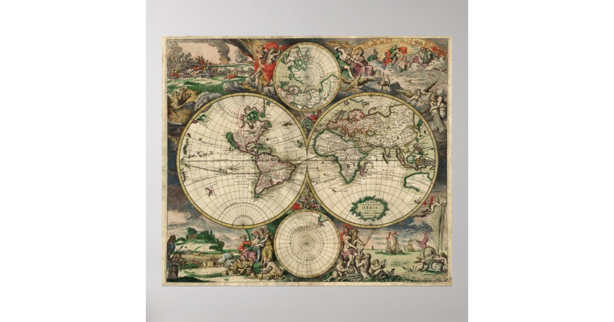Antiek Oude Wereldkaart van de Wereld Poster | Zazzle.nl