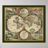 Antiek Oude Wereldkaart van de Wereld Poster