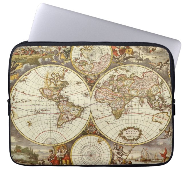 Antiek Oude Wereldkaart van Frederick de Wit, ca.  Laptop Sleeve (Voorkant)