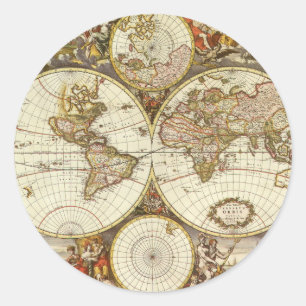Antiek Oude Wereldkaart van Frederick de Wit, ca.  Ronde Sticker