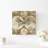 Antiek Oude Wereldkaart van Frederick de Wit, ca.  Vierkante Klok (Huis)