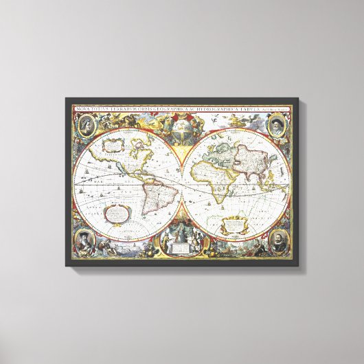 Antiek Oude Wereldkaart van Hendrik Hondius, 1630 Canvas Afdruk (Voorkant)