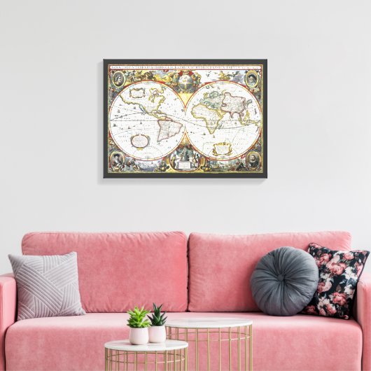 Antiek Oude Wereldkaart van Hendrik Hondius, 1630 Canvas Afdruk (Insitu (Woonkamer))
