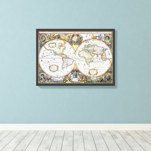 Antiek Oude Wereldkaart van Hendrik Hondius, 1630 Canvas Afdruk (Insitu (Houten vloer))