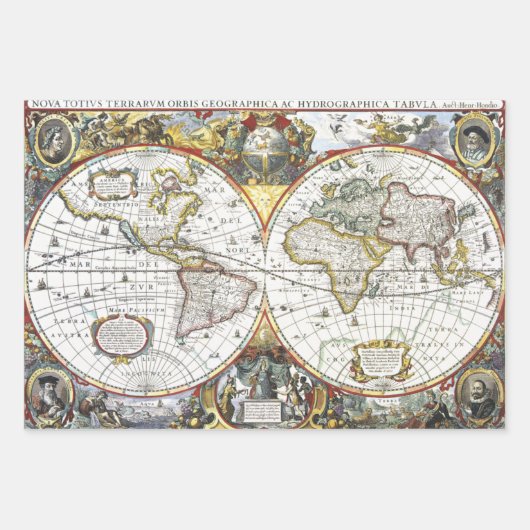 Antiek Oude Wereldkaart van Hendrik Hondius, 1630 Inpakpapier Vel (Voorkant 2)