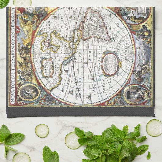 Antiek Oude Wereldkaart van Hendrik Hondius, 1630 Theedoek (Gevouwen)