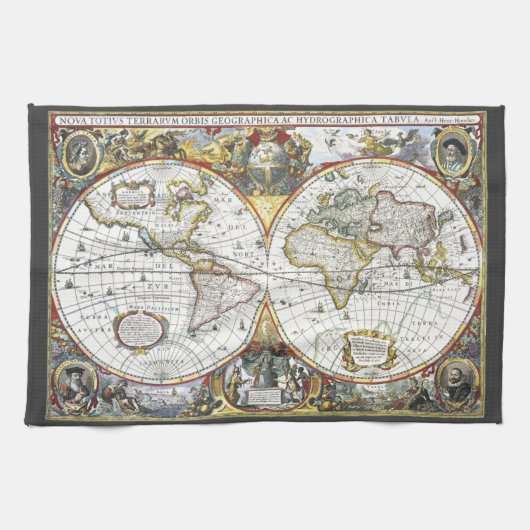 Antiek Oude Wereldkaart van Hendrik Hondius, 1630 Theedoek (Horizontaal)