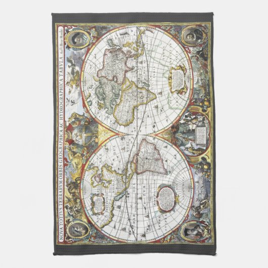 Antiek Oude Wereldkaart van Hendrik Hondius, 1630 Theedoek (Verticaal)