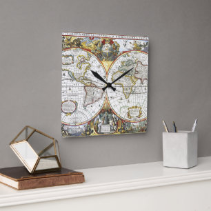 Antiek Oude Wereldkaart van Hendrik Hondius, 1630 Vierkante Klok