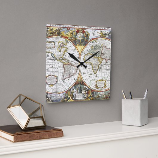 Antiek Oude Wereldkaart van Hendrik Hondius, 1630 Vierkante Klok (Kantoor)