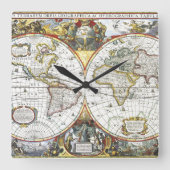 Antiek Oude Wereldkaart van Hendrik Hondius, 1630 Vierkante Klok (Voorkant)