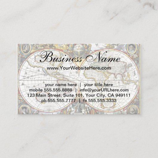 Antiek Oude Wereldkaart van Hendrik Hondius, 1630 Visitekaartje (Voorkant)