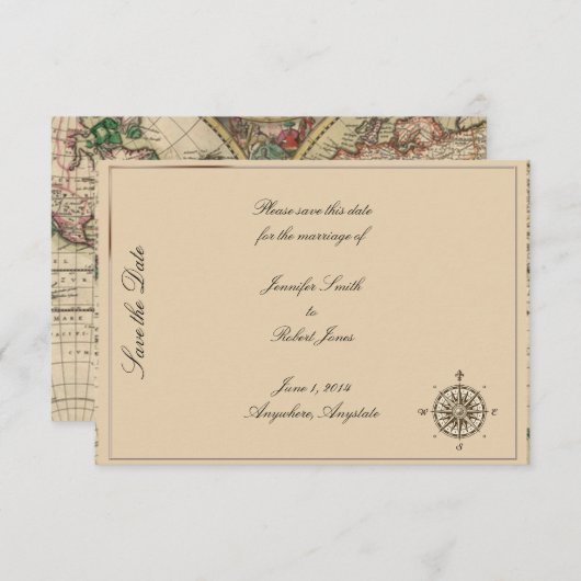 Antiek Oude Wereldkaart Weddenschap Opslaan Datum Save The Date (Voorkant / Achterkant)