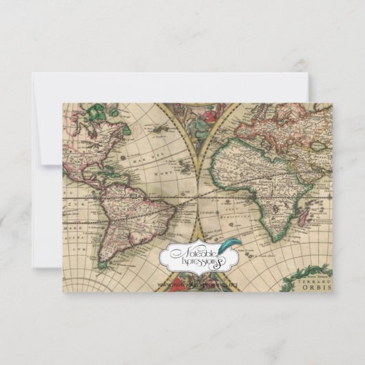Antiek oude Wereldkaart-weddenschapskaart RSVP Kaartje (Achterkant)