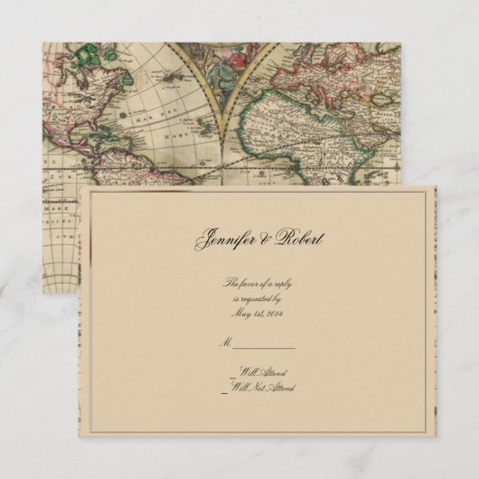 Antiek oude Wereldkaart-weddenschapskaart RSVP Kaartje (Voorkant / Achterkant)