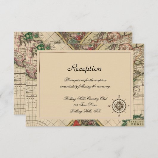 Antiek ouwe Wereldkaart bruiloft Informatiekaartje (Voorkant / Achterkant)