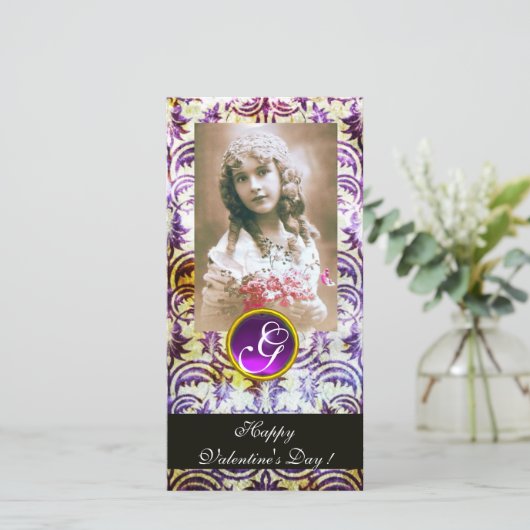 ANTIEK PAARS DAMASK Amethyst-monogram Feestdagenkaart (Staand voorkant)