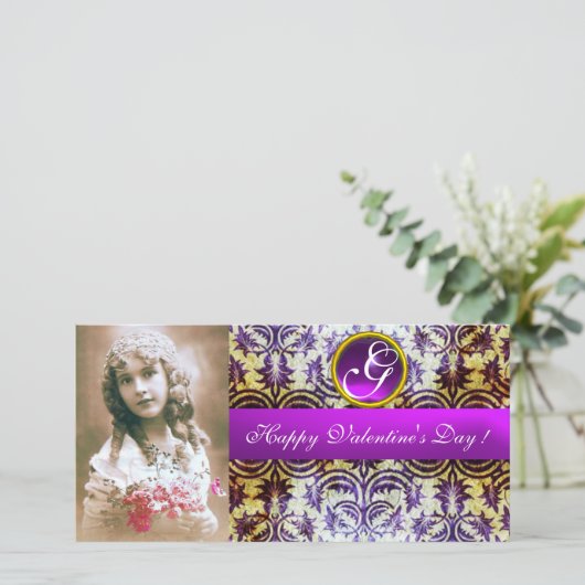 ANTIEK PAARS DAMASK Amethyst-monogram Feestdagenkaart (Staand voorkant)