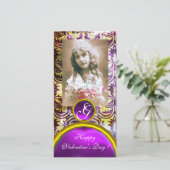 ANTIEK PAARS DAMASK Amethyst-monogram Feestdagenkaart (Staand voorkant)