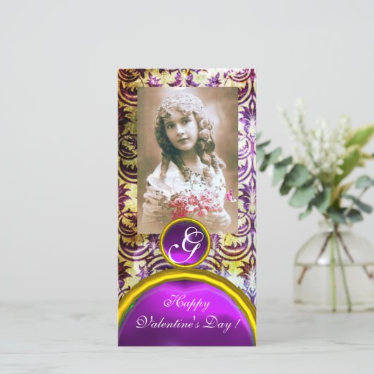 ANTIEK PAARS DAMASK Amethyst-monogram Feestdagenkaart (Staand voorkant)