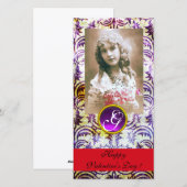 ANTIEK PAARS DAMASK Amethyst Monogram rood Feestdagenkaart (Voorkant / Achterkant)