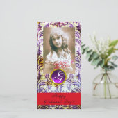 ANTIEK PAARS DAMASK Amethyst Monogram rood Feestdagenkaart (Staand voorkant)