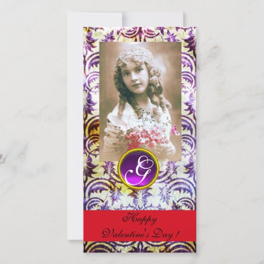 ANTIEK PAARS DAMASK Amethyst Monogram rood Feestdagenkaart (Voorkant)