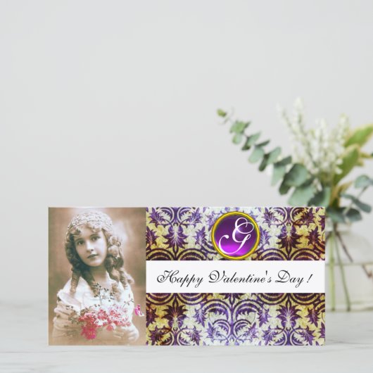 ANTIEK PAARS DAMASK Amethyst Monogram wit Feestdagenkaart (Staand voorkant)