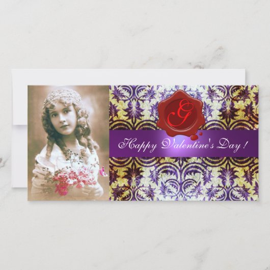 ANTIEK PAARS DAMASK RED WAX SEAL Monogram Feestdagenkaart (Voorkant)