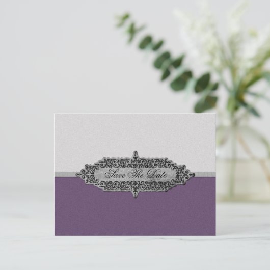 Antiek Paars en zilver slaan de datum op Aankondigingskaart (Staand voorkant)