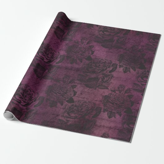 Antiek paars rozenpatroon cadeaupapier (Uitgerold)