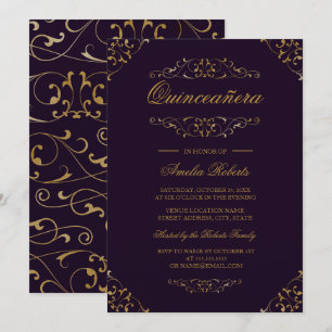 Antiek Paarse Goud Bloeien Quinceanera Invite Kaart