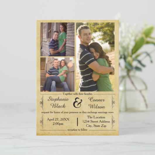 Antiek papier 3 foto's - bruiloft uitnodiging (Staand voorkant)